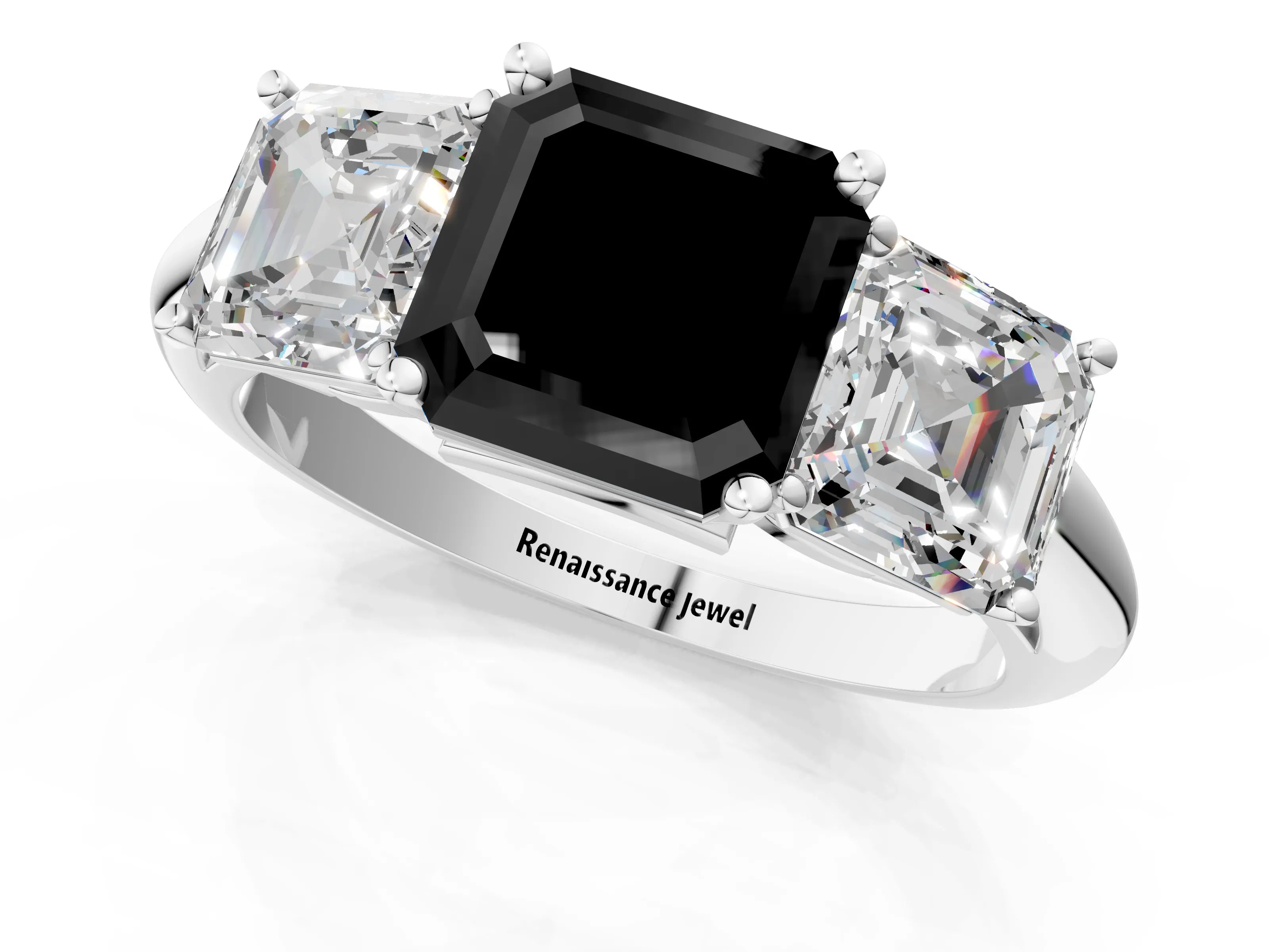 Silver Three-Stone Fancy Black Asscher Cut Cut Diamond Engagement Ring with Prong Setting on a White Gold Band_43