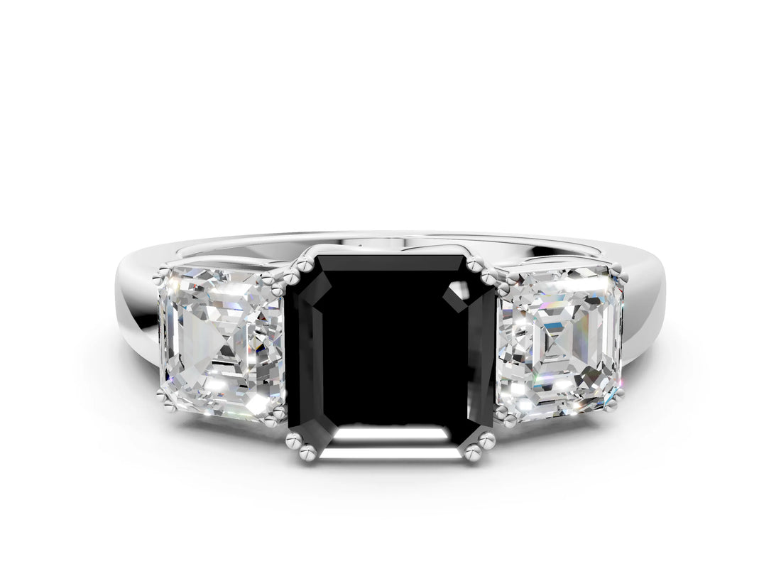 Silver Three-Stone Fancy Black Asscher Cut Cut Diamond Ring with Channel Set Band and Four-Prong Setting_18