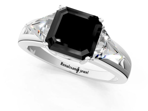 Sterling Silver Asscher Cut Split Shank Three Stone Engagement Ring Setting for Black Center