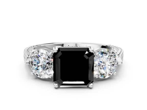 Sterling Silver Asscher Cut Vintage Three Stone Engagement Ring Setting for Black Center