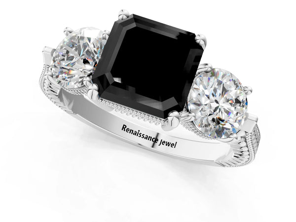 Sterling Silver Asscher Cut Vintage Three Stone Engagement Ring Setting for Black Center