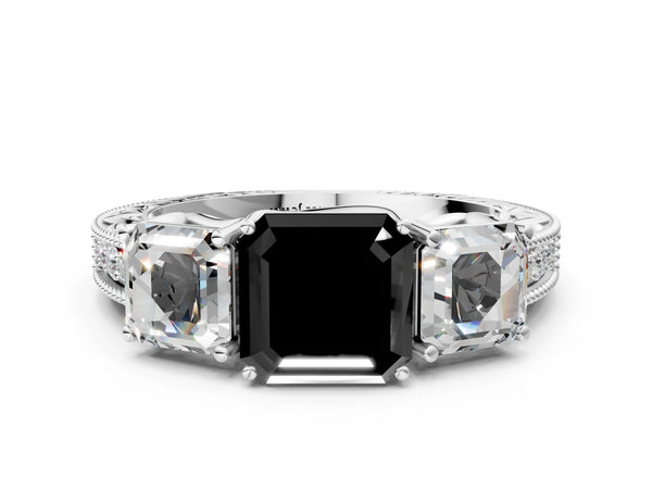 Sterling Silver Asscher Cut Engraved Three Stone Engagement Ring Setting for Black Center