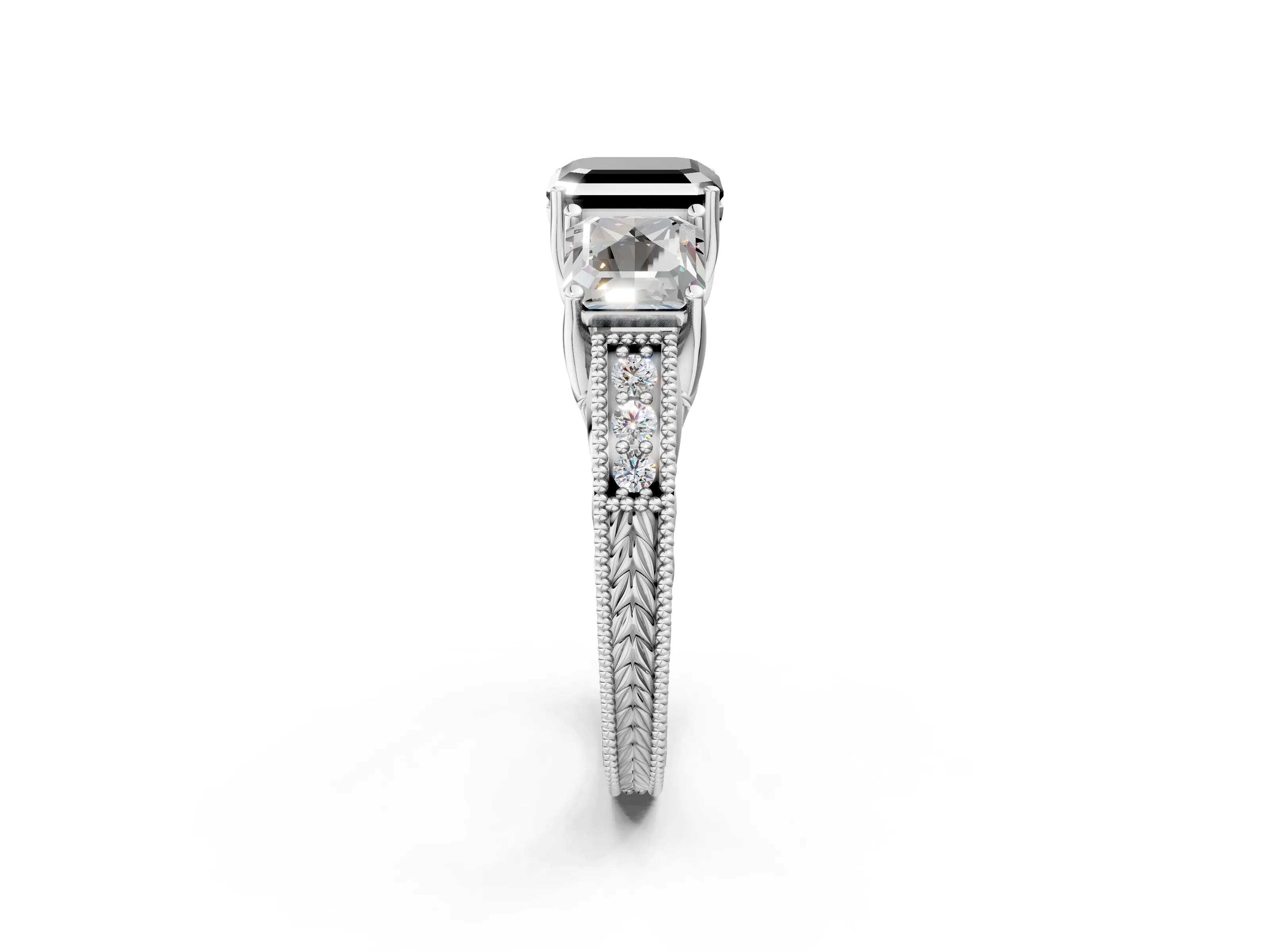 Silver Three-Stone Fancy Black Asscher Cut Cut Milgrain Pavé Engagement Ring_21
