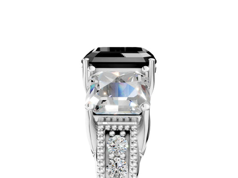 Silver Three-Stone Fancy Black Asscher Cut Cut Milgrain Pavé Engagement Ring_24