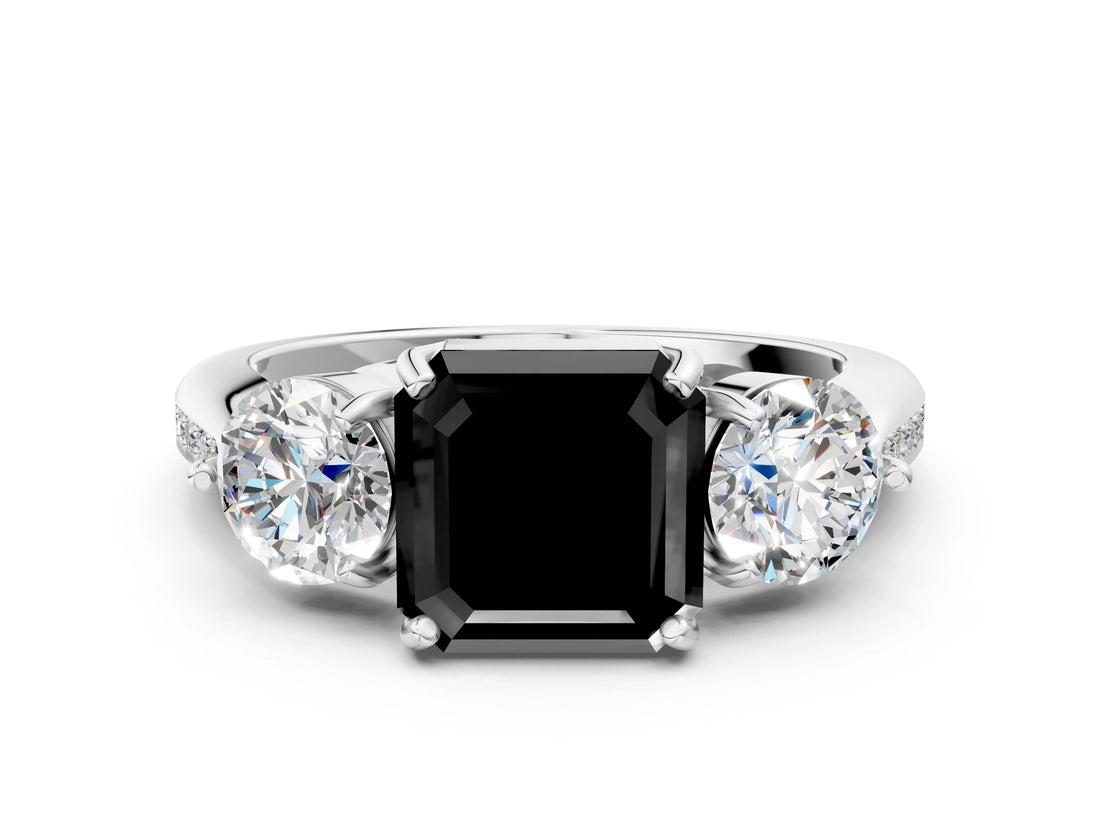 Silver Three-Stone Fancy Black Asscher Cut Diamond Channel Set Engagement Ring with Prong Setting_24