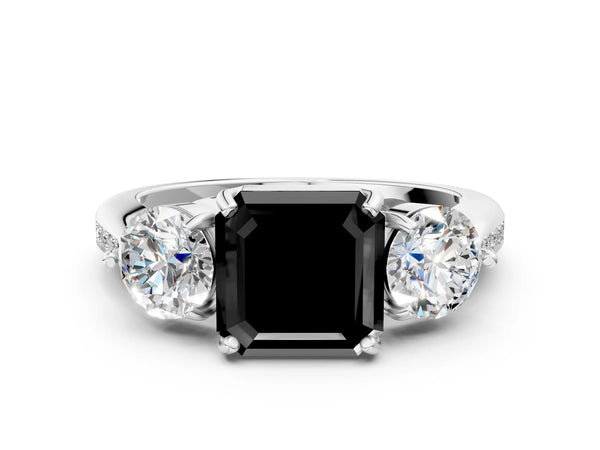Sterling Silver Asscher Cut Three Stone Engagement Ring Setting for Black Center with Pave Band