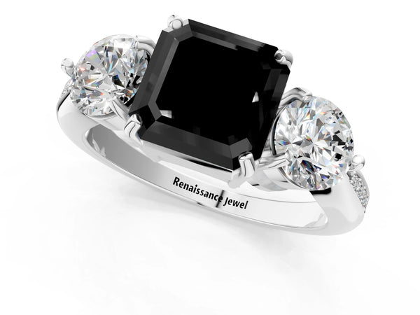 Sterling Silver Asscher Cut Three Stone Engagement Ring Setting for Black Center with Pave Band