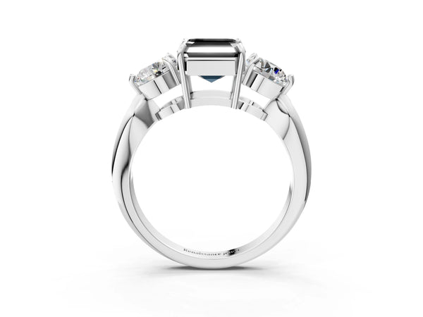 Sterling Silver Asscher Cut Three Stone Engagement Ring Setting for Black Center with Pave Band