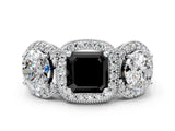 Silver Three-Stone Fancy Black Asscher Cut Halo Diamond Milgrain Band with Four-Prong Setting_6