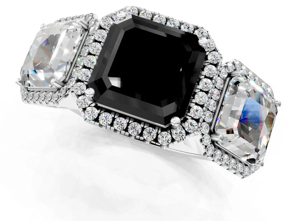 Silver Three-Stone Fancy Black Asscher Cut Halo Diamond Ring with Pave Band and Four-Prong Setting
