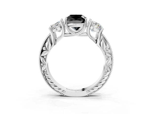 Sterling Silver Cushion Cut Engraved Three Stone Engagement Ring Setting for Black Center