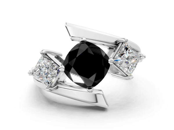 Silver Three-Stone Fancy Black Cushion Cut Cut Tension Band Ring with Four-Prong Setting