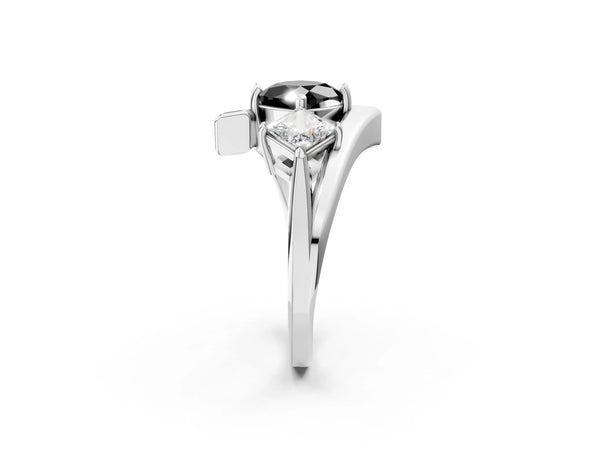 Silver Three-Stone Fancy Black Cushion Cut Cut Tension Band Ring with Four-Prong Setting
