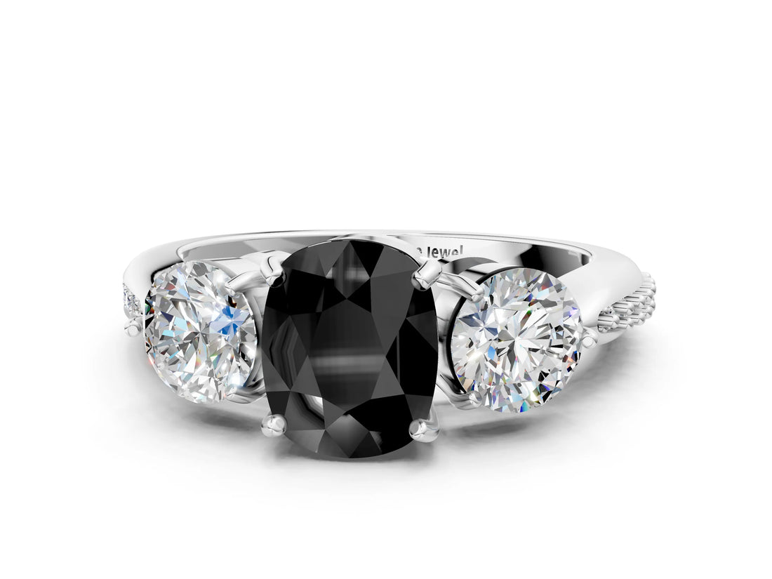 Silver Three-Stone Fancy Black Cushion Cut Diamond Channel Set Engagement Ring with Prong Setting_24