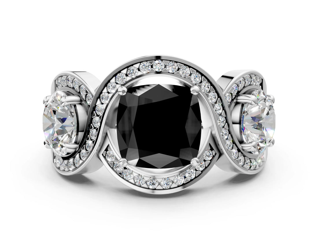 Silver Three-Stone Fancy Black Cushion Cut Diamond Wave Pave Band with Prong Setting_35