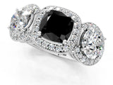 Silver Three-Stone Fancy Black Cushion Cut Halo Diamond Milgrain Band with Four-Prong Setting_13