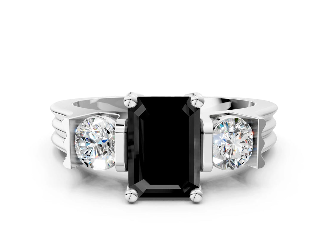 Silver Three-Stone Fancy Black Emerald Cut Cut Classic Band Prong Setting Ring_6