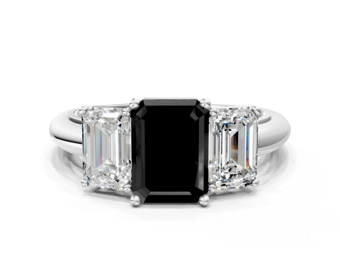 Silver Three-Stone Fancy Black Emerald Cut Cut Diamond Engagement Ring with Prong Setting on a White Gold Band_48
