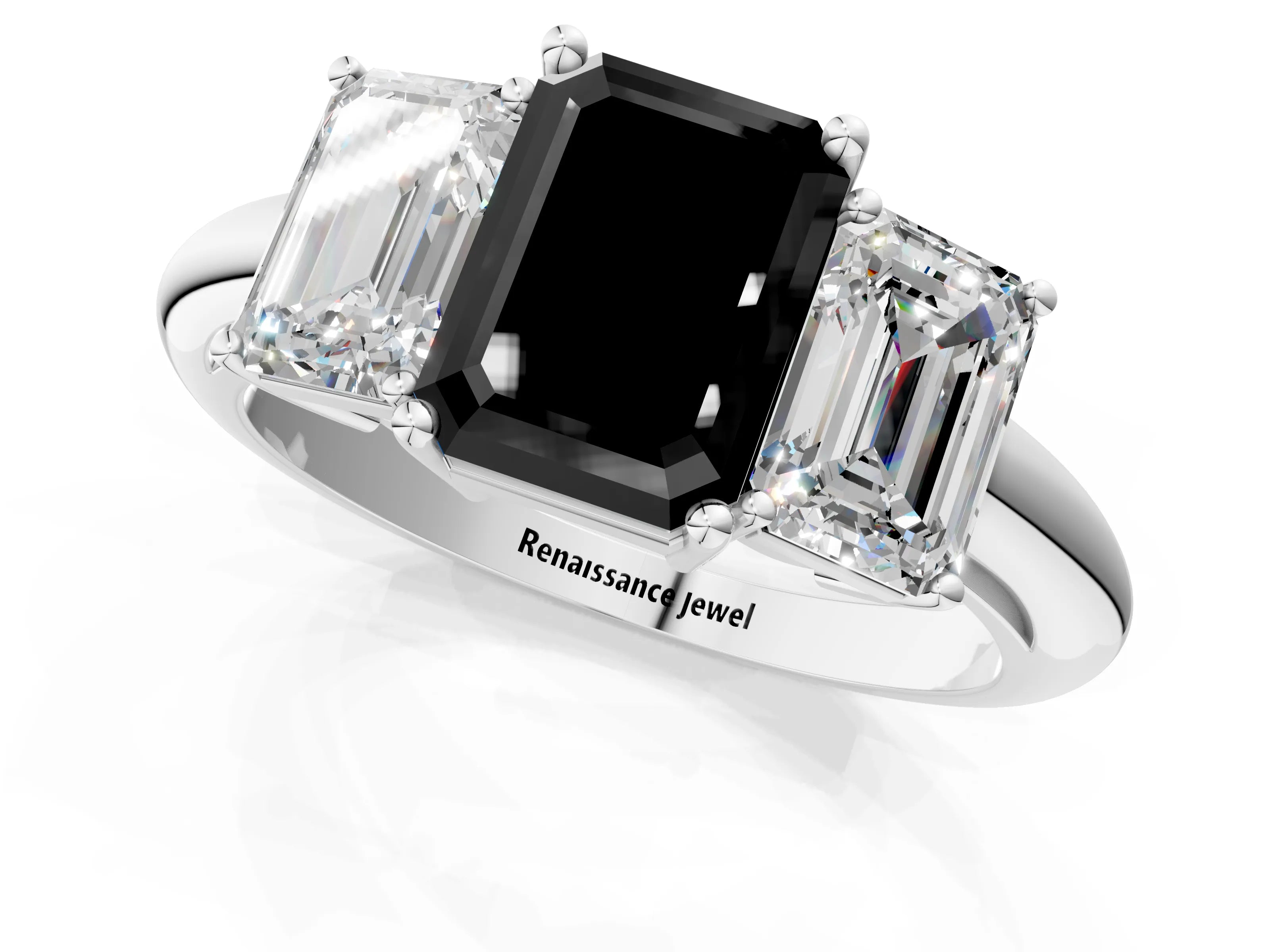 Silver Three-Stone Fancy Black Emerald Cut Cut Diamond Engagement Ring with Prong Setting on a White Gold Band_49
