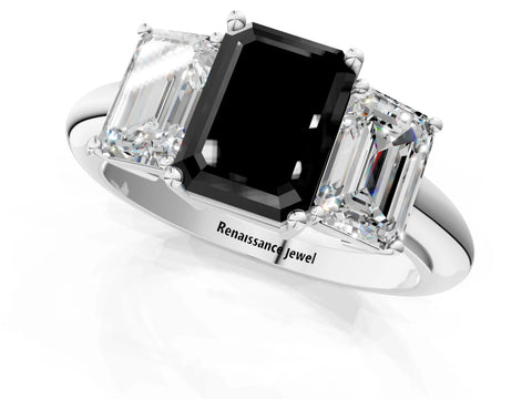 Silver Three-Stone Fancy Black Emerald Cut Cut Diamond Engagement Ring with Prong Setting on a White Gold Band_49