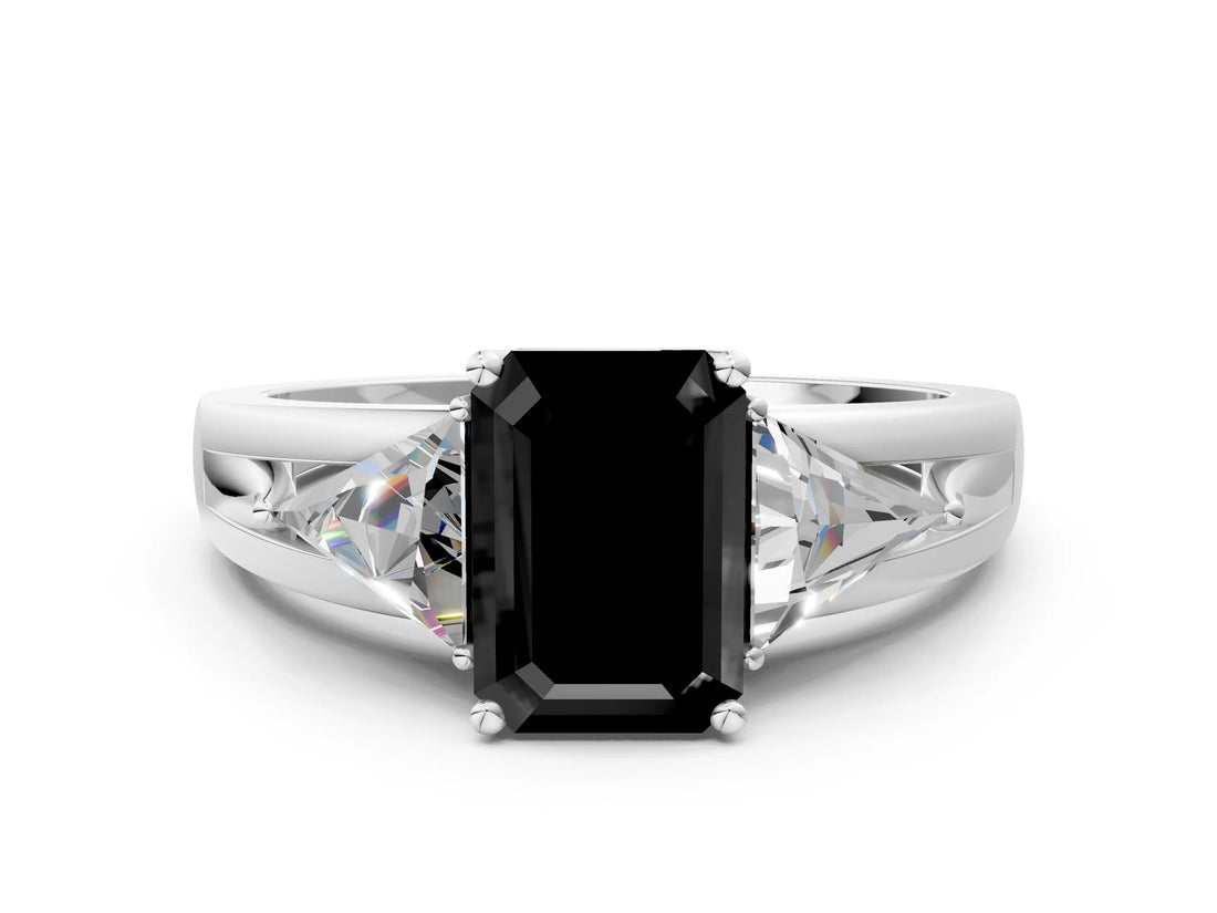 Silver Three-Stone Fancy Black Emerald Cut Cut Diamond Ring with Trillion Side Stones on a Split Shank Band_66