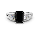 Silver Three-Stone Fancy Black Emerald Cut Cut Diamond Ring with Trillion Side Stones on a Split Shank Band_66