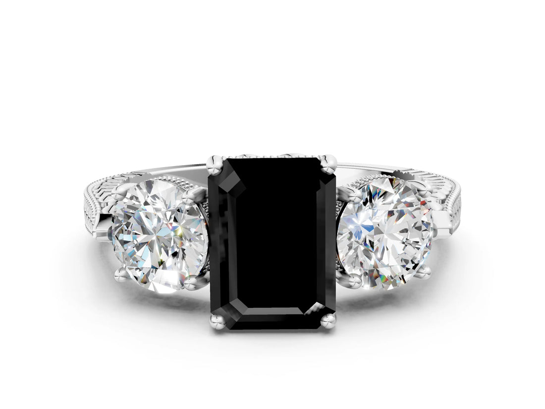 Silver Three-Stone Fancy Black Emerald Cut Cut Milgrain Band Prong Setting Ring_6