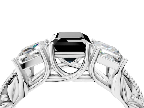 Silver Three-Stone Fancy Black Emerald Cut Cut Milgrain Pavé Engagement Ring_70