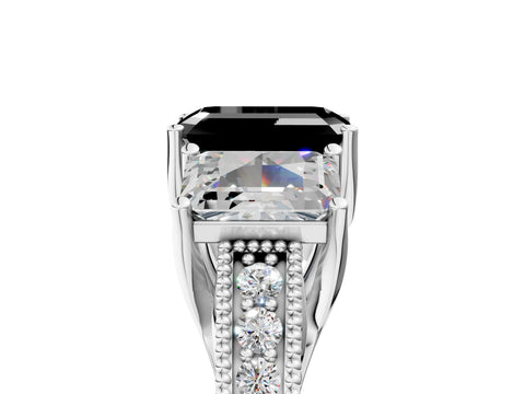 Silver Three-Stone Fancy Black Emerald Cut Cut Milgrain Pavé Engagement Ring_71