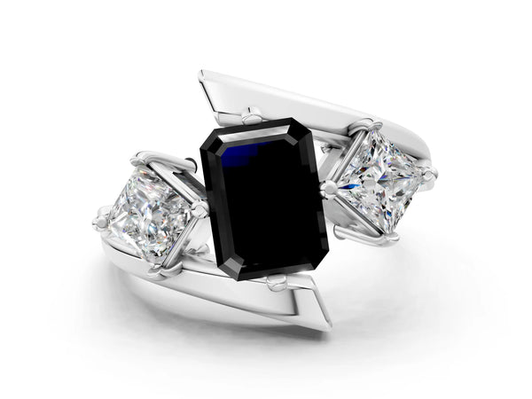 Silver Three-Stone Fancy Black Emerald Cut Cut Tension Band Ring with Four-Prong Setting