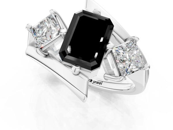 Silver Three-Stone Fancy Black Emerald Cut Cut Tension Band Ring with Four-Prong Setting