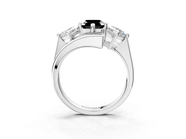 Silver Three-Stone Fancy Black Emerald Cut Cut Tension Band Ring with Four-Prong Setting
