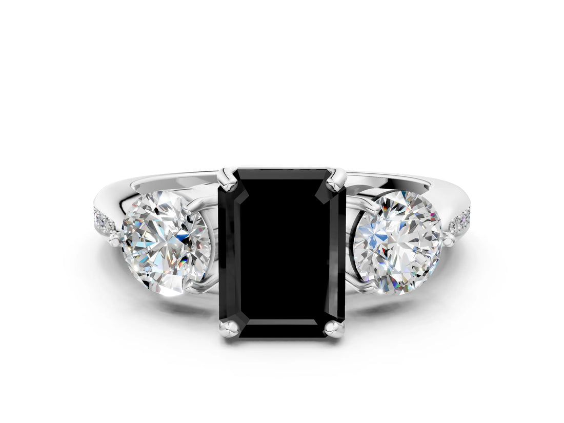 Silver Three-Stone Fancy Black Emerald Cut Diamond Channel Set Engagement Ring with Prong Setting_18