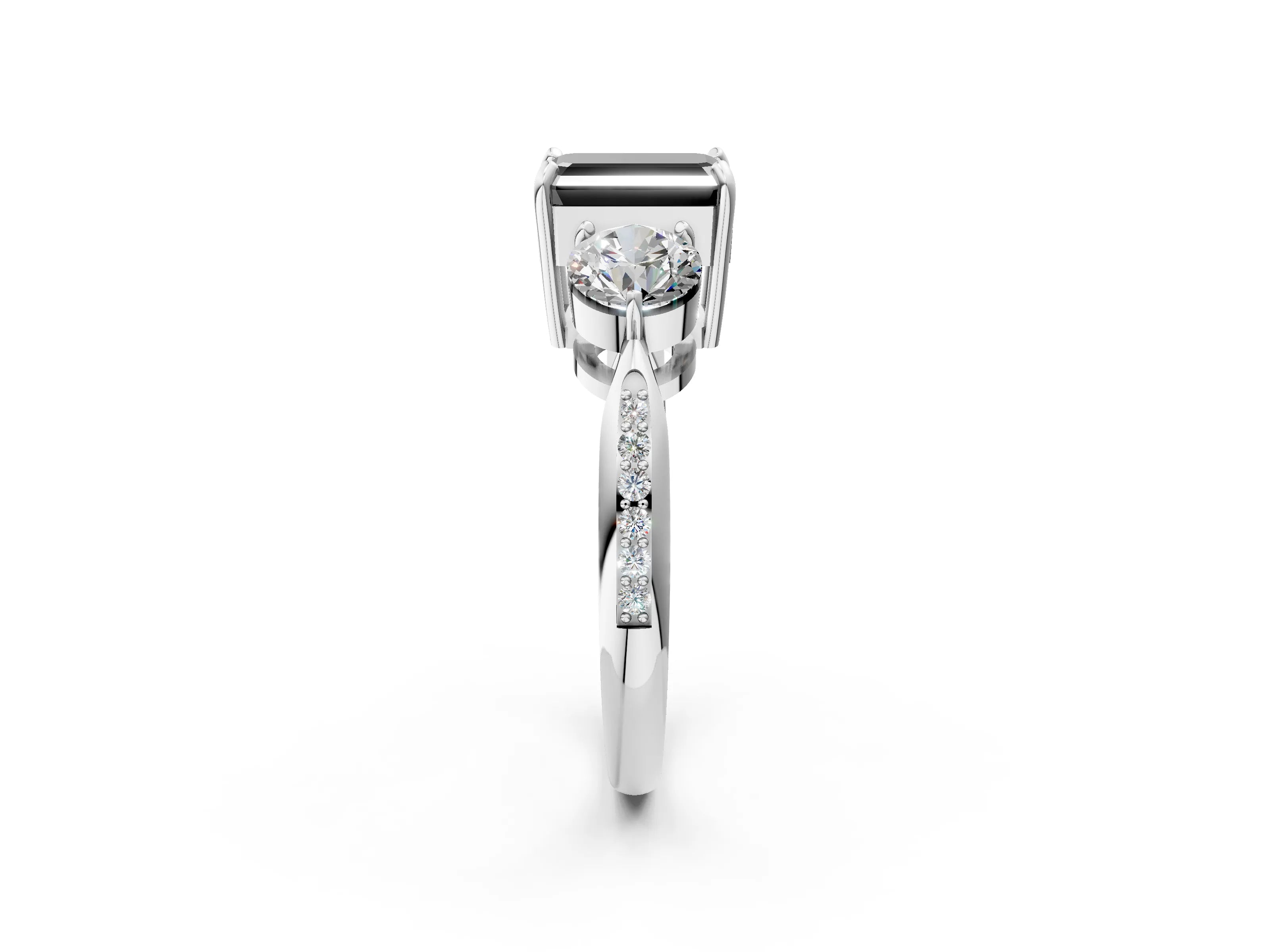 Silver Three-Stone Fancy Black Emerald Cut Diamond Channel Set Engagement Ring with Prong Setting_20