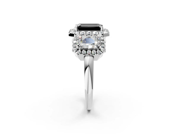 Silver Three-Stone Fancy Black Emerald Cut Halo Diamond Ring with Pave Band and Four-Prong Setting