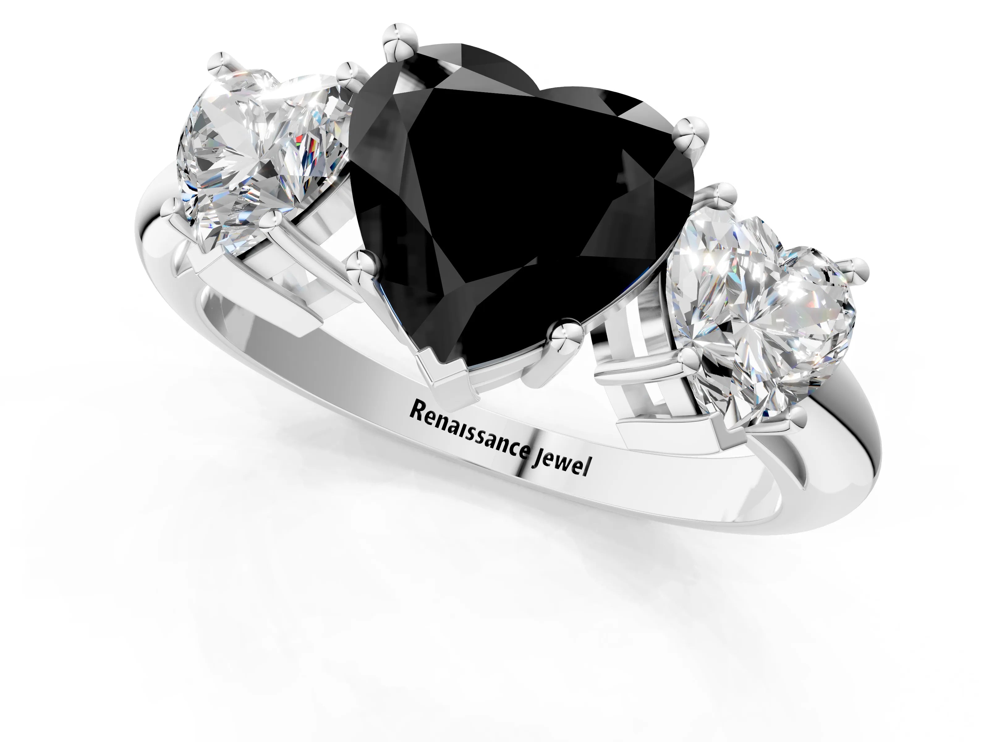 Silver Three-Stone Fancy Black Heart Cut Cut Diamond Engagement Ring with Prong Setting on a White Gold Band_55