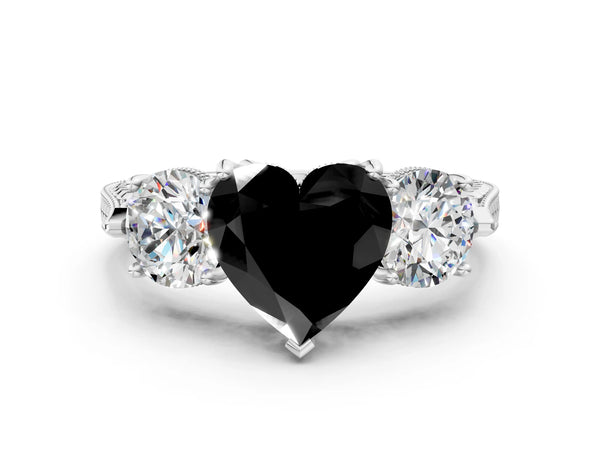 Sterling Silver Heart-Shaped Vintage Three Stone Engagement Ring Setting for Black Center