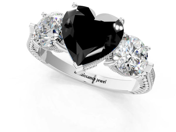 Sterling Silver Heart-Shaped Vintage Three Stone Engagement Ring Setting for Black Center