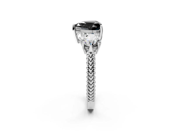 Sterling Silver Heart-Shaped Vintage Three Stone Engagement Ring Setting for Black Center