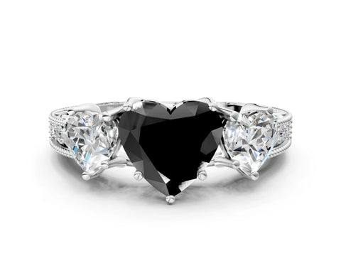 Silver Three-Stone Fancy Black Heart Cut Cut Milgrain Pavé Engagement Ring_24