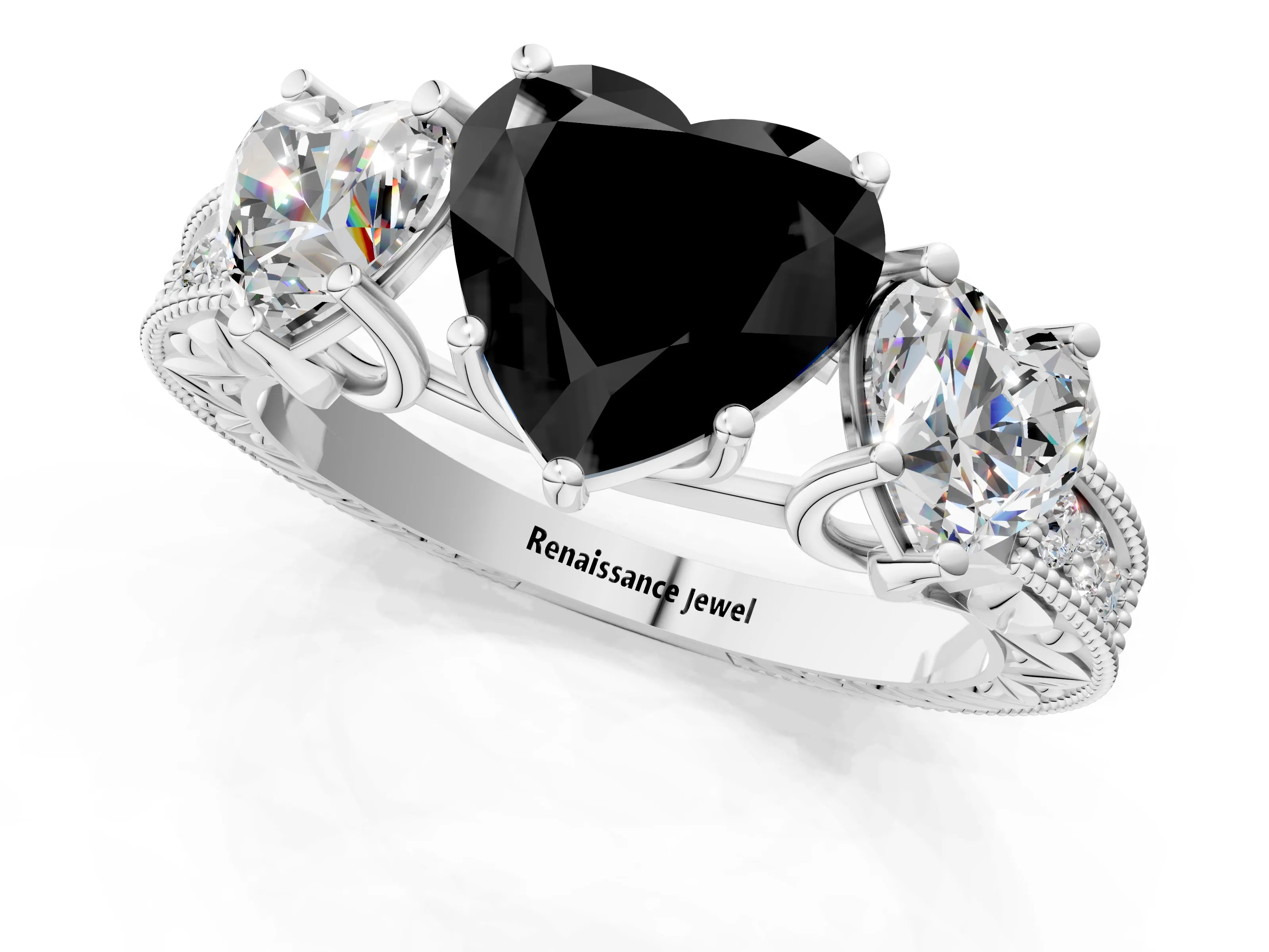 Silver Three-Stone Fancy Black Heart Cut Cut Milgrain Pavé Engagement Ring_25