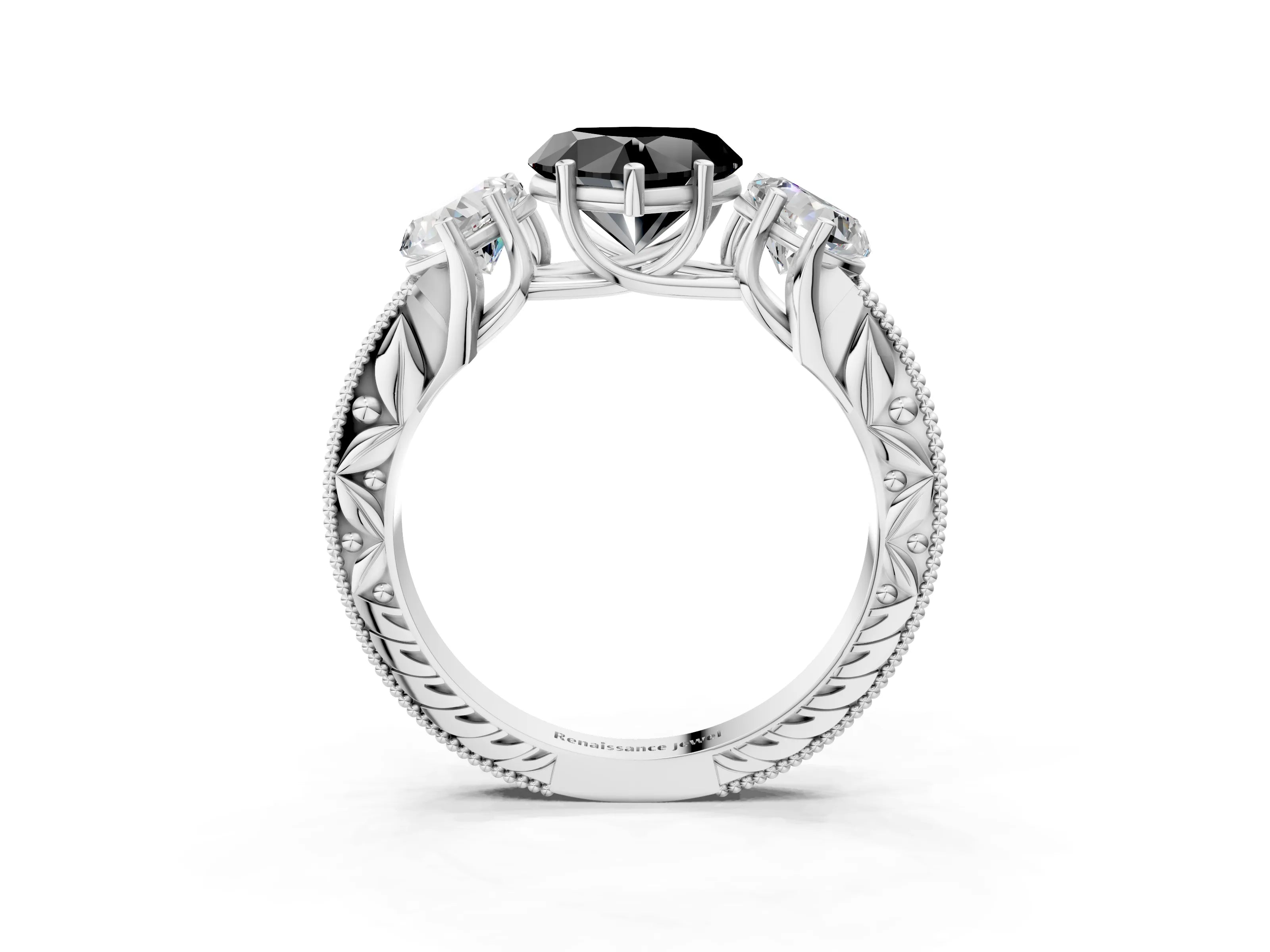 Silver Three-Stone Fancy Black Heart Cut Cut Milgrain Pavé Engagement Ring_27