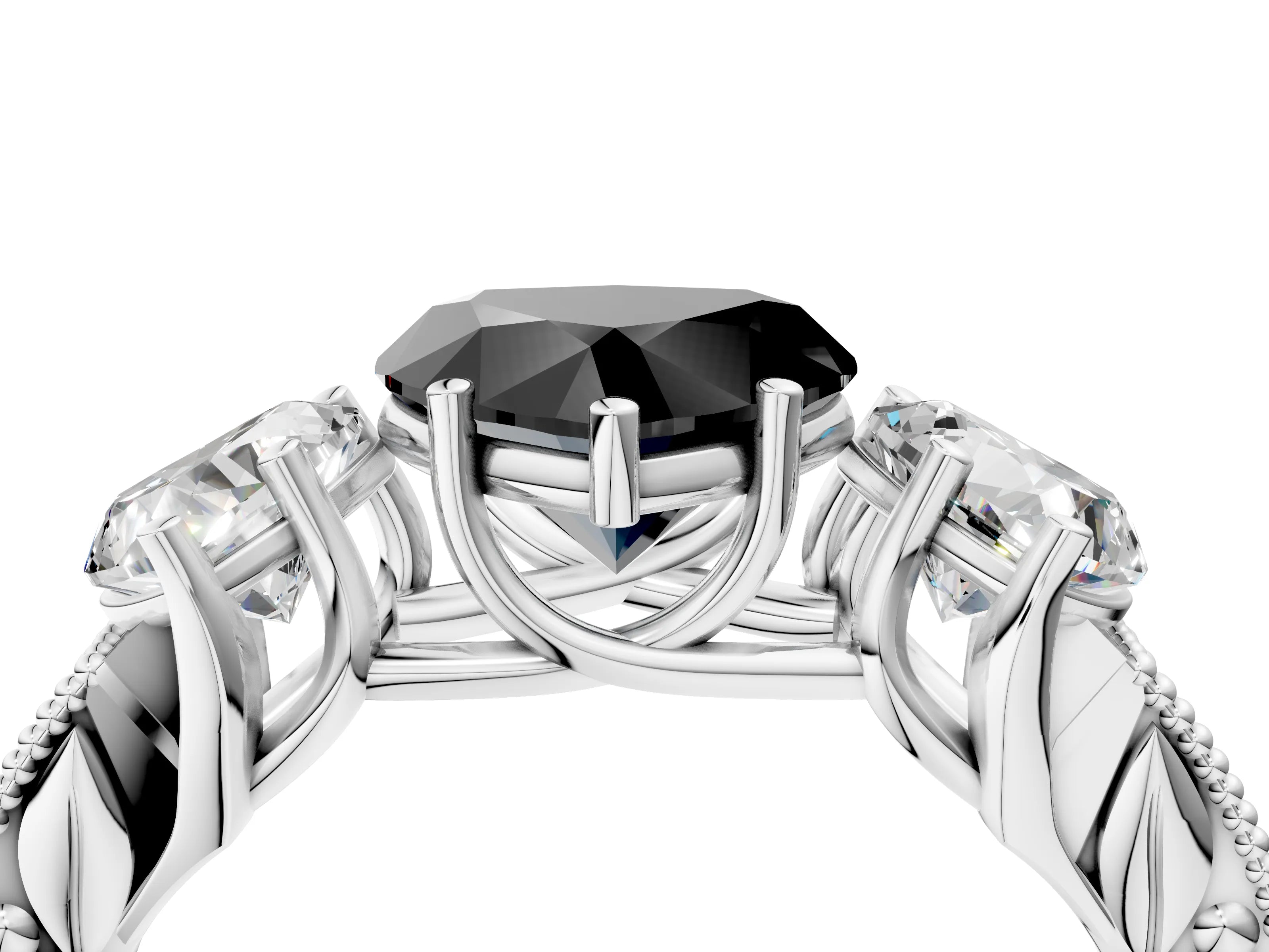 Silver Three-Stone Fancy Black Heart Cut Cut Milgrain Pavé Engagement Ring_28