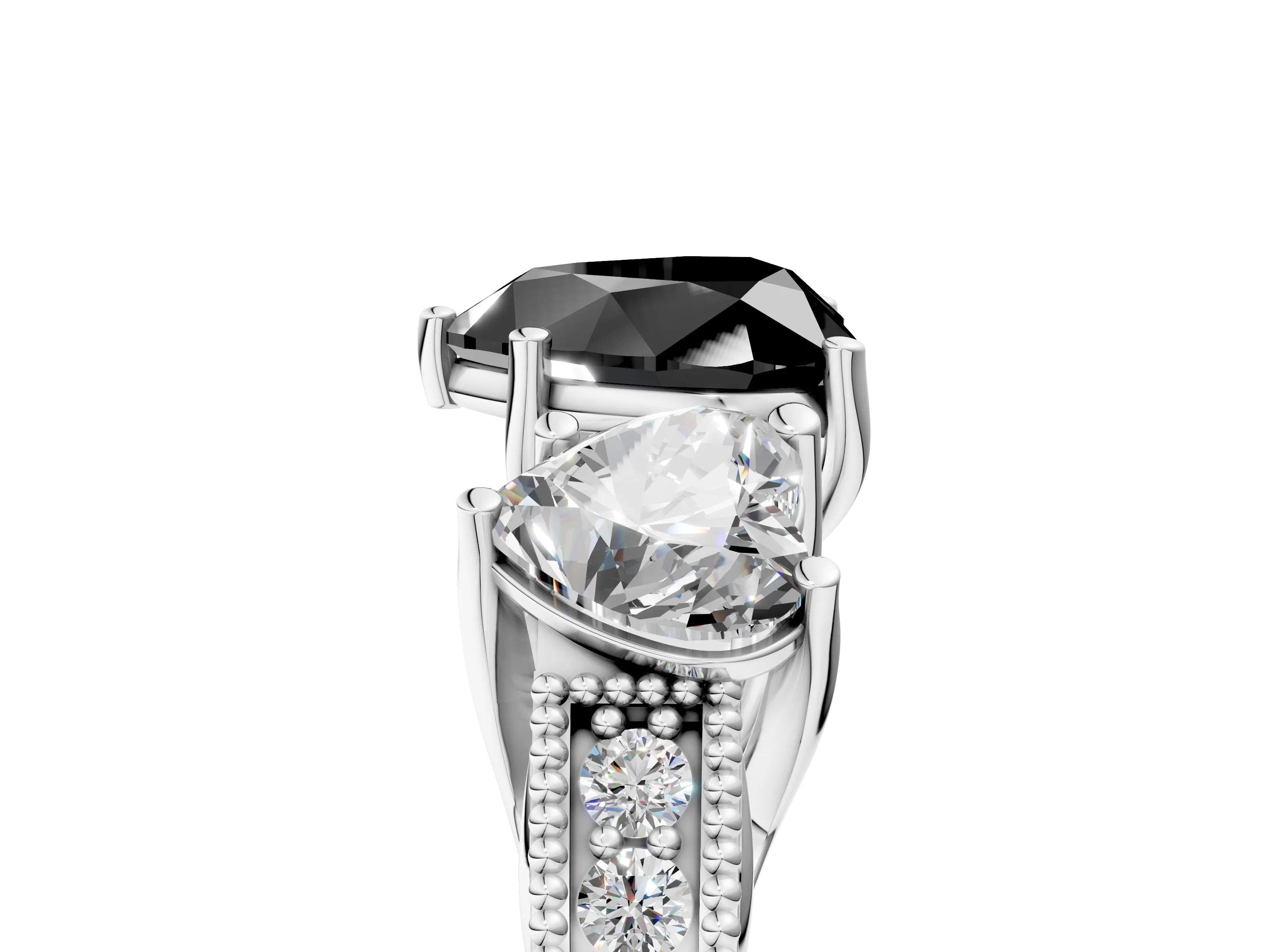 Silver Three-Stone Fancy Black Heart Cut Cut Milgrain Pavé Engagement Ring_29