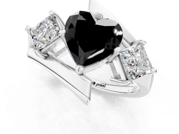 Silver Three-Stone Fancy Black Heart Cut Cut Tension Band Ring with Four-Prong Setting