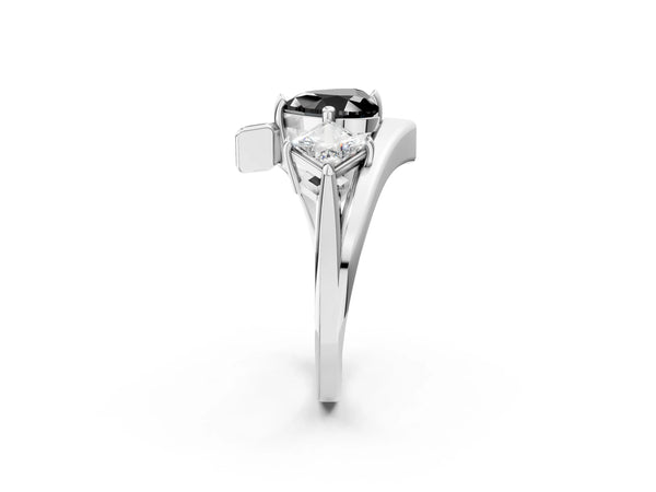 Silver Three-Stone Fancy Black Heart Cut Cut Tension Band Ring with Four-Prong Setting