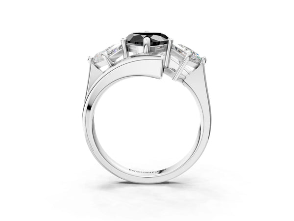Silver Three-Stone Fancy Black Heart Cut Cut Tension Band Ring with Four-Prong Setting