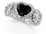 Silver Three-Stone Fancy Black Heart Cut Halo Diamond Milgrain Band with Four-Prong Setting_7