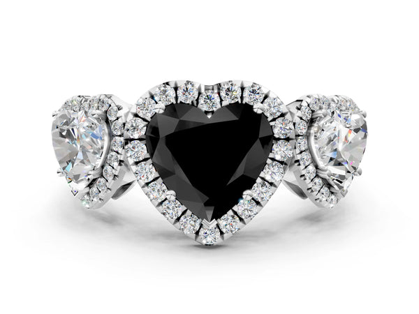 Silver Three-Stone Fancy Black Heart Cut Halo Diamond Ring with Pave Band and Four-Prong Setting