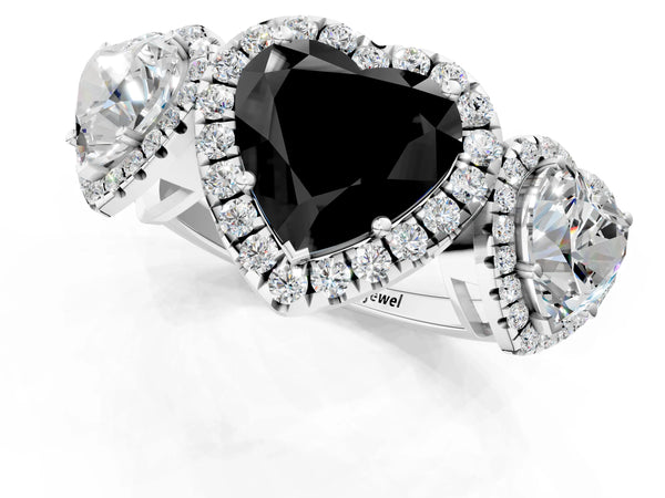 Silver Three-Stone Fancy Black Heart Cut Halo Diamond Ring with Pave Band and Four-Prong Setting